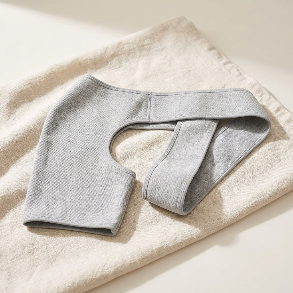 Woman wearing a grey knit compression shoulder brace in a kitchen