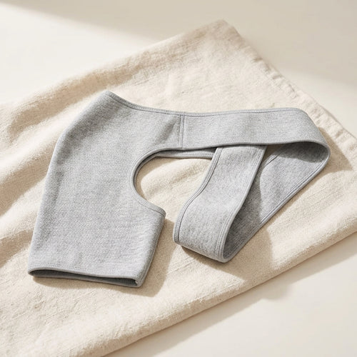 Woman wearing a grey knit compression shoulder brace in a kitchen
