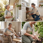 Grey knit shoulder support worn under a light shirt